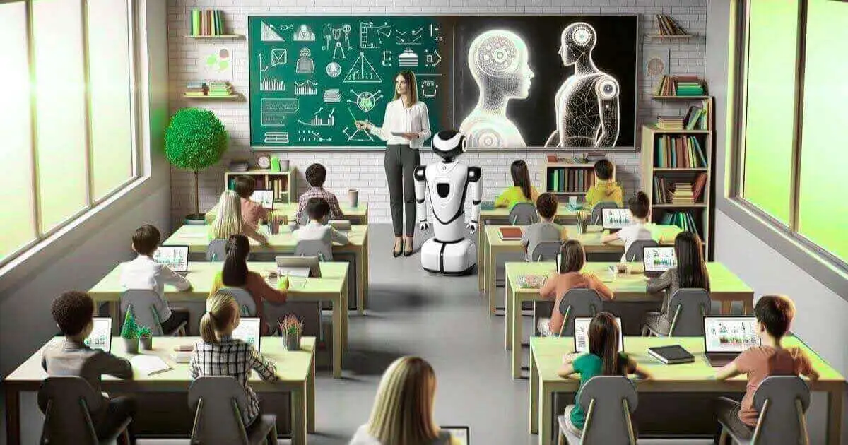 Classroom with students and getting lesson from teacher with AI